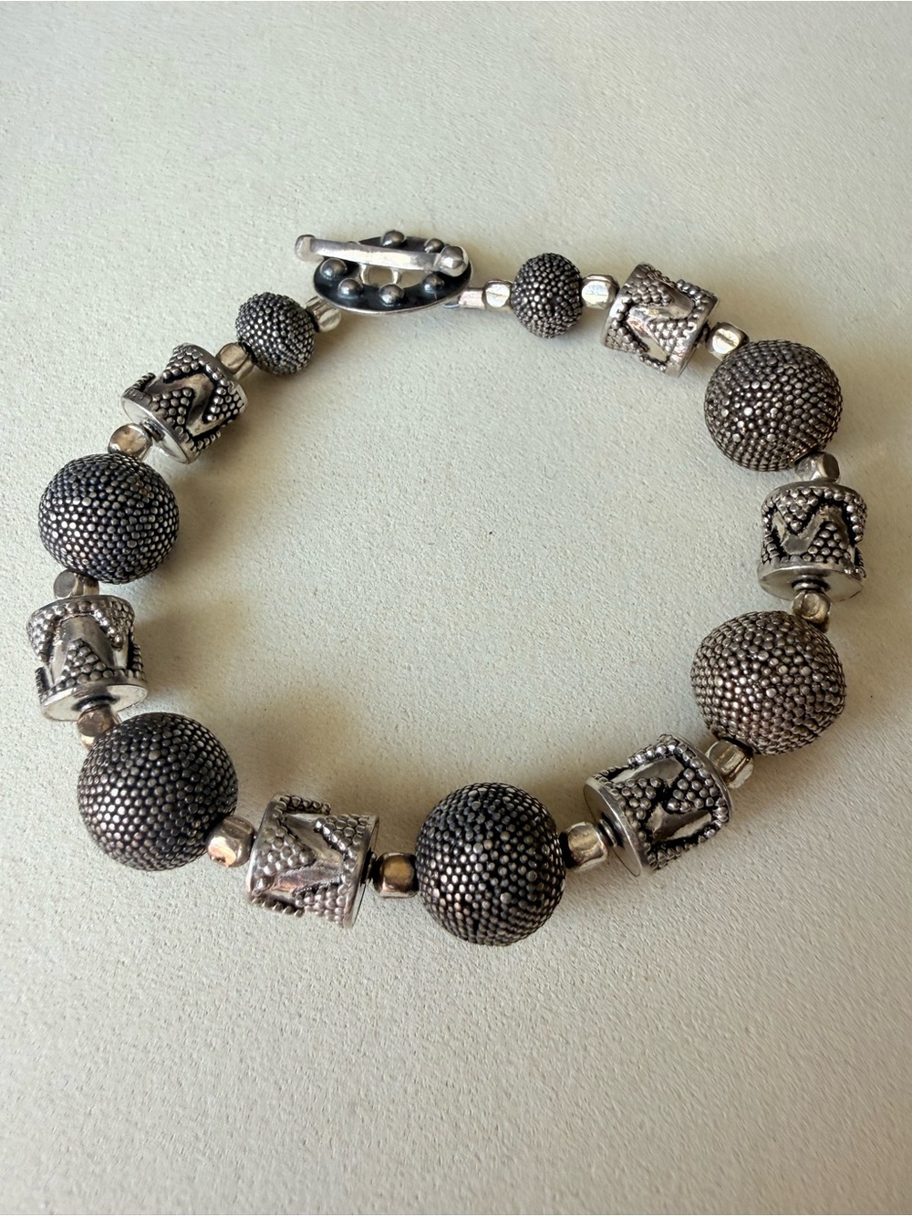 Bali Sterling Silver Statement Bracelet • Artisan Handmade Beads • Toggle Clasp